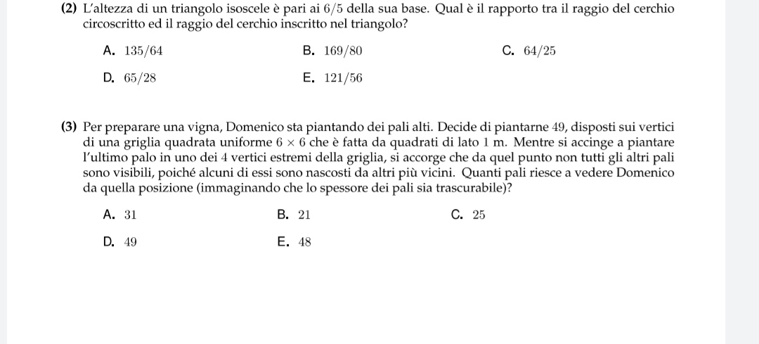 Considerando che i palo sono inseriti ciascuno su ongni vertice ho pensato che i pali non visibili sono i cosiddetti &quot;punti ciechi&quot; del quadrato ovvero i punti che allineati su una stessa diagonale che contandoli sono in totale 24 quindi i pali che riesce a vedere sono in tutto 25 considerando il fatto che lui si gira senza guardare l'ultimo palo che sta guardando. Idem se si mette a guardare l'ultimo palo quello dietro inevitabilmente è coperto.